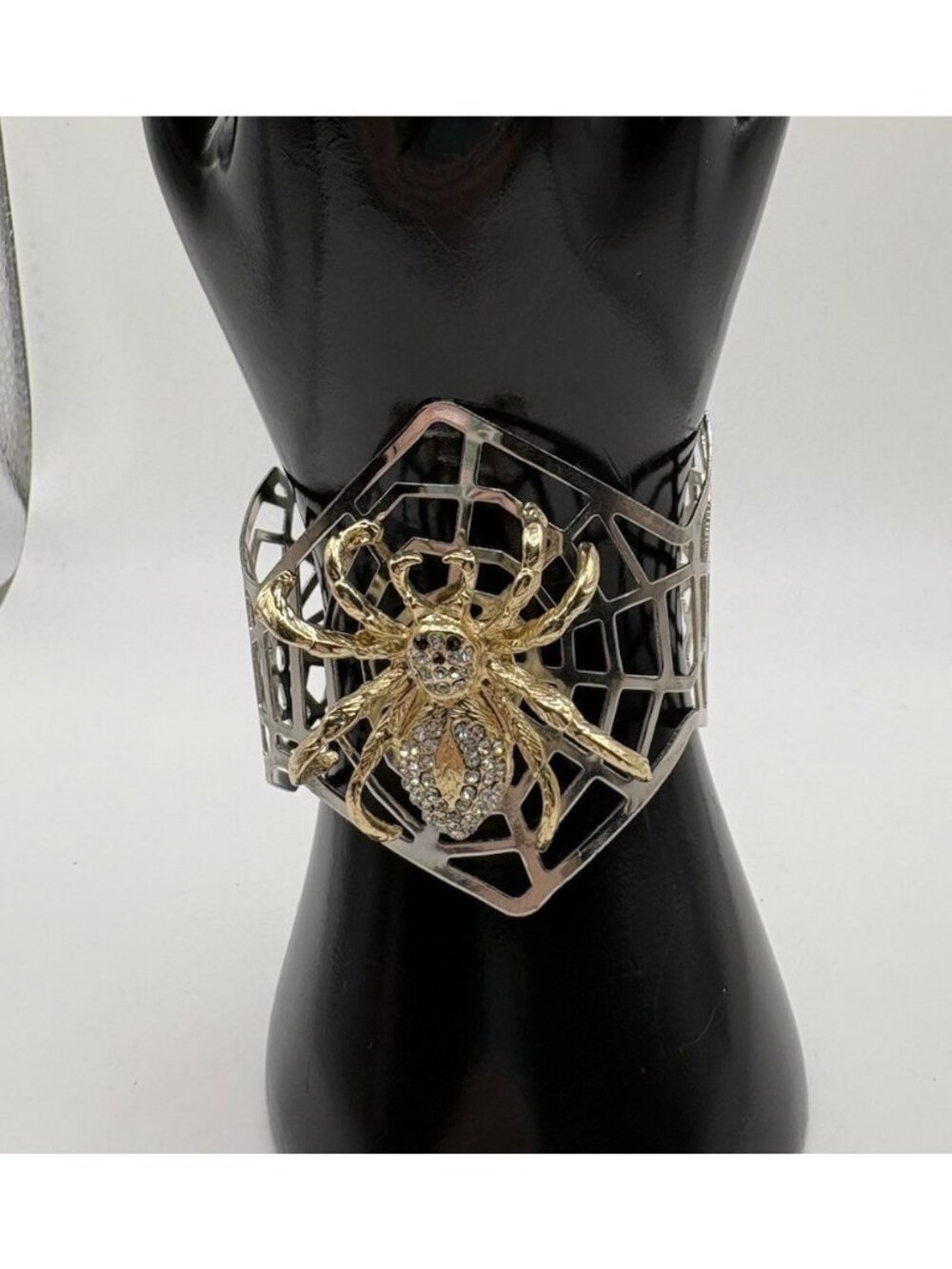 Silver Tone Spider Spiderweb Cuff Bracelet Rhinestone Halloween Goth